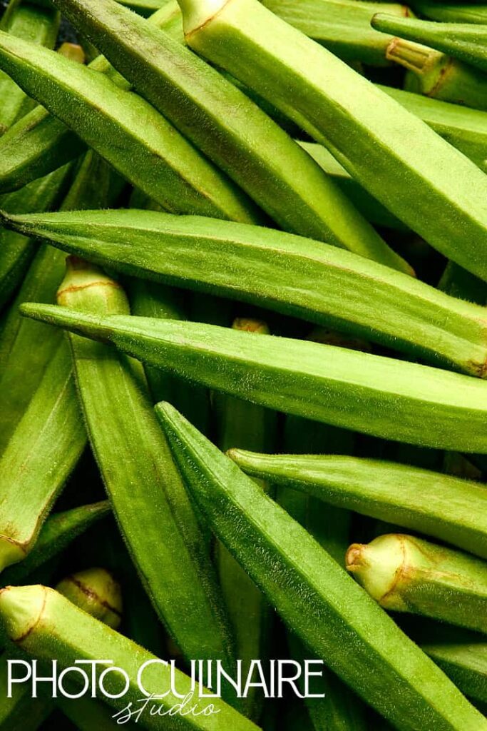 macro shot of whole okras showing texture and detail 